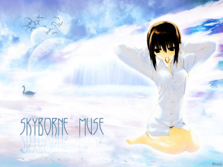 Woman sitting swan waterfall anime - above her head free wallpaper