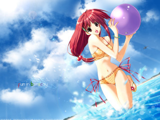 Girl bikini purple ball ocean - a blue sky background free wallpaper