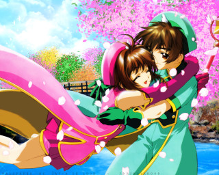 Anime hugging couple cherry blossoms - neoromanticism free wallpaper