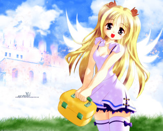 Blonde girl yellow suitcase pink - a castle in the background free wallpaper