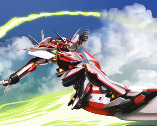Robot flying green light clouds - action painting free wallpaper