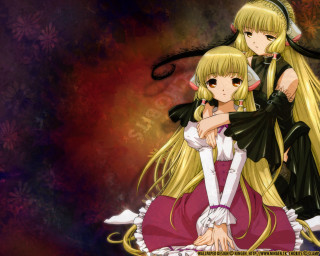 Anime sisters hugging blonde bangs - a red background behind them free wallpaper