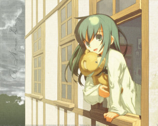Girl teddy bear window green - a wooden frame free wallpaper