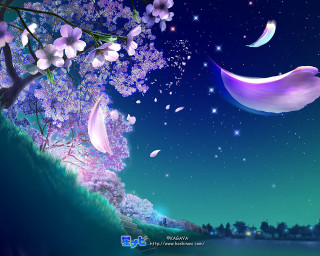 Tree purple flowers crescent moon - chiho aoshima free wallpaper