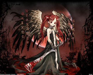 Red haired girl wings katana - gothic free wallpaper