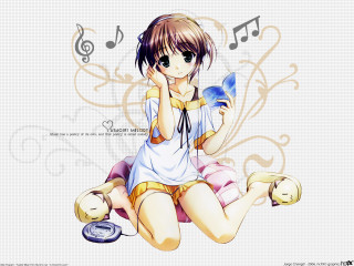 Girl sitting music notes headphones - a cell phone free wallpaper for desktop