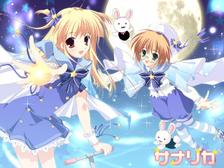 Two anime girls blue dresses - their back free wallpaper