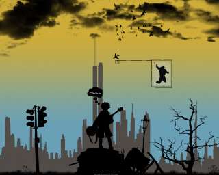 Hilltop guitar city birds dusk - his hand and a city in the background free wallpaper