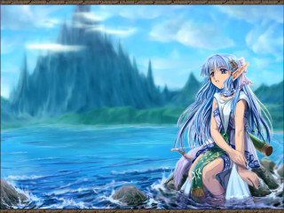 Girl sitting rock water sword - fantasy artwork free wallpaper