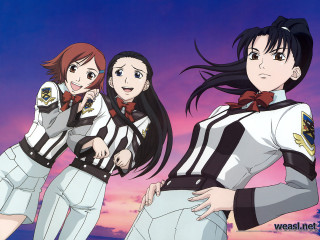 Three anime girls sunset military - their back free wallpaper