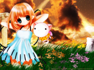 Girl pig flower field sky - gothic free wallpaper