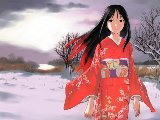 Woman red kimono snow nature 2 - serial art free wallpaper