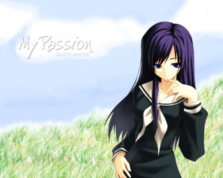 Anime girl field bush sky - purism free wallpaper