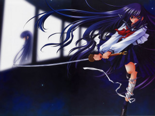 Woman sword bluehair night star - long hair holding free wallpaper