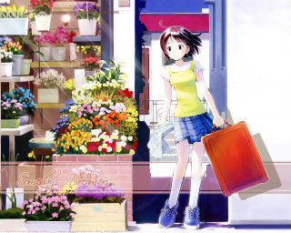 Girl suitcase flower shop anime - anime art free wallpaper