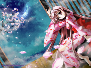 Kimono woman pinkflowers fullmoon anime - full free wallpaper