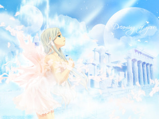 Girl white dress building cloud - a white cloud free wallpaper