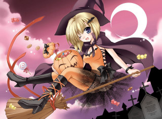 Witch broom pumpkin fullmoon anime - full free wallpaper