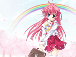 Pink haired girl suitcase rainbow - the foreground free wallpaper