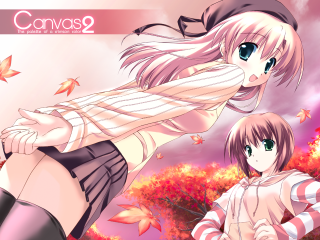 Anime girls autumn leaves forest - figurative art free wallpaper