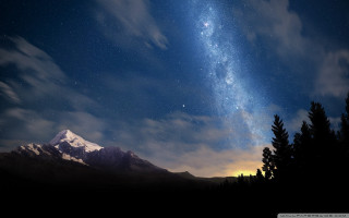 Night sky mountain trees bright 2 - yellow light free wallpaper