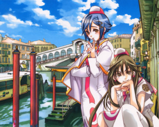 Anime bridge city river sunset - two anime character free wallpaper for desktop