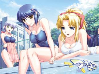 Three anime girls pool bathing 2 - suit free wallpaper