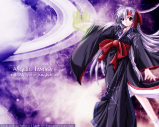 Anime whitehair blackdress redscarf purplebg - fantasy style free wallpaper