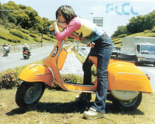 Woman scooter road city car - a car in the background free wallpaper