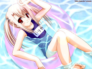 Girl swimsuit floating pink water - a pink circle free wallpaper