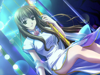 Woman longhair white shirt blue - anime visual free wallpaper