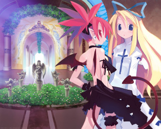 Anime demon girls fountain castle - two anime character free wallpaper
