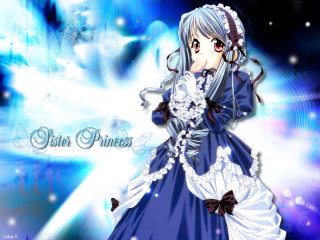 Anime girl blue dress white - a bow free wallpaper