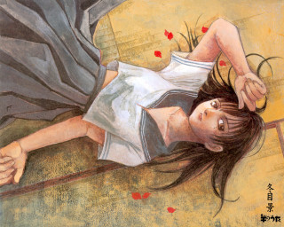 Woman laying on floor blowing - a painting of a woman free wallpaper