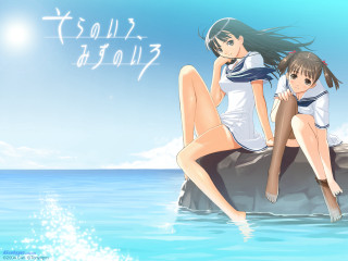 Anime girls sitting water sky - a rock free wallpaper