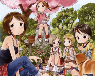Park picnic girls dog cherry - a manga drawing free wallpaper for desktop
