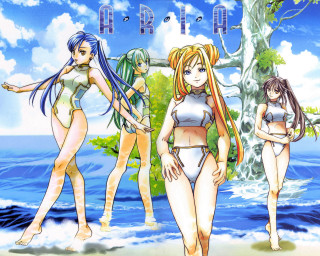 Three anime girls beach tree - serial art free wallpaper