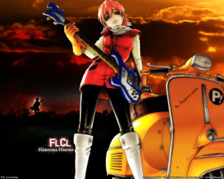 Girl guitar scooter sunset fire - a guitar free wallpaper