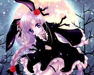 Anime girl black dress rose - full free wallpaper