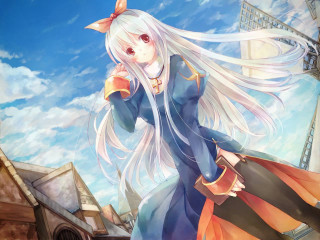 White haired woman blue dress 4 - long white hair free wallpaper for desktop