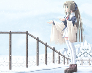 Girl snowy bridge outstretched arms - a matte painting free wallpaper for desktop