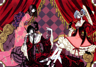 Gothic two women dress dog - a dog in front free wallpaper