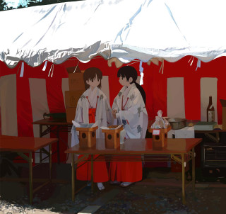 Two women kimono shrine torii - a box free wallpaper