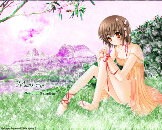 Girl grass pink sky mountain - a string free wallpaper