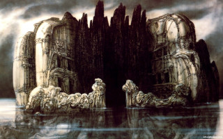 Castle water people rocks painting - a painting of a castle free wallpaper