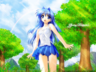 Girl blue dress grass rainbow - rayonism free wallpaper