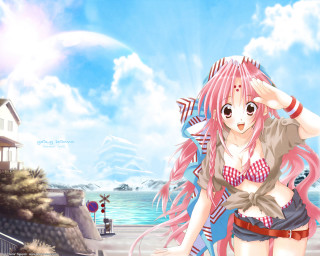 Pink hair girl beach house - red free wallpaper for desktop