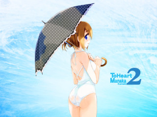 Woman bikini umbrella water blue - sōsaku hanga free wallpaper
