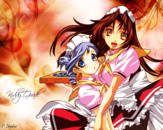 Anime girls hugging fire background - background behind them free wallpaper