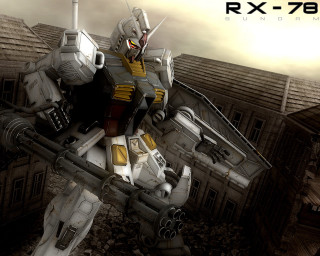 Robot building gun city retro - his hand and a gun free wallpaper